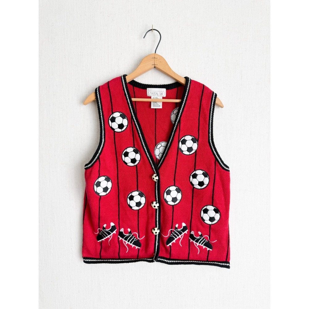 Mandal Bay Vintage Soccer Knit Vest Red Black Striped‎ Embroidered Large